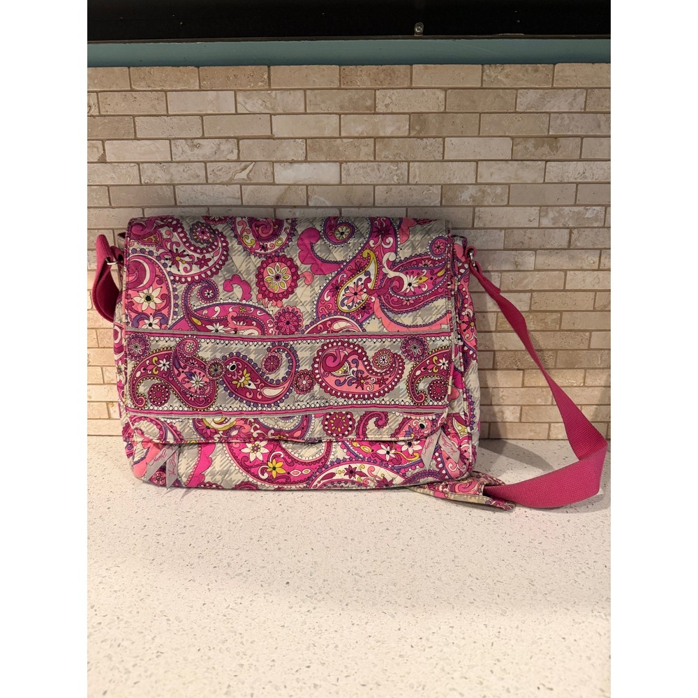Vera Bradley Paisley Meets Plaid Messenger Laptop Bag Pink Gray
